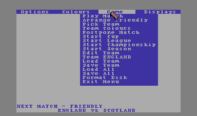 Emlyn Hughes International Soccer (Commodore 64) screenshot: Gameplay menu
