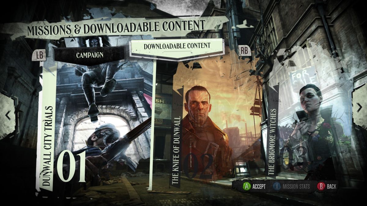Dishonored: Game of the Year Edition (Windows) screenshot: DLC content, select your mission.