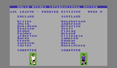 Emlyn Hughes International Soccer (Commodore 64) screenshot: Team sheets for a match