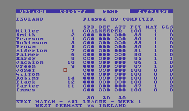 Emlyn Hughes International Soccer (Commodore 64) screenshot: Team selection