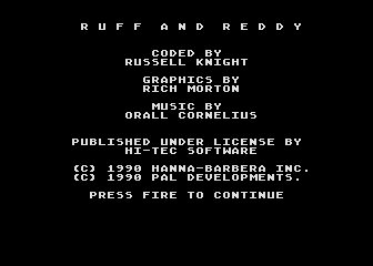 Ruff and Reddy in the Space Adventure (Atari 8-bit) screenshot: Title screen and credits