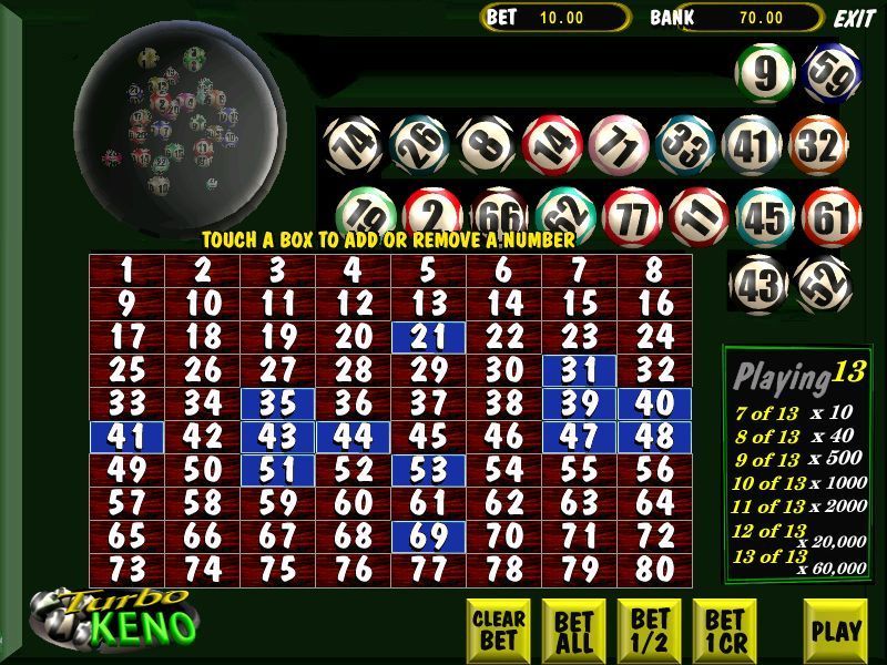Card & Board Games 3 (Windows) screenshot: Turbo Keno: This plays much like Turbo Bingo. The player picks their numbers, places their bet and all the balls appear at once