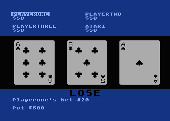 Acey-Deucey (Atari 8-bit) screenshot: Losing a bet