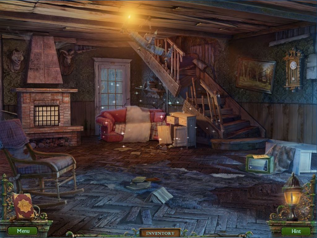 Shtriga: Summer Camp (Windows) screenshot: The sparkly areas alert the player to a hidden object scene. The sparkles are not present in Expert mode