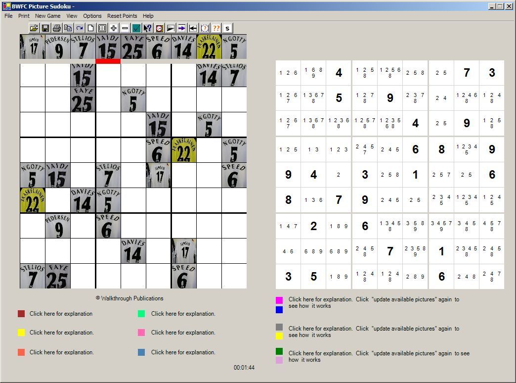 Picture Sudoku (Windows) screenshot: A full game being played with players shirts as symbols