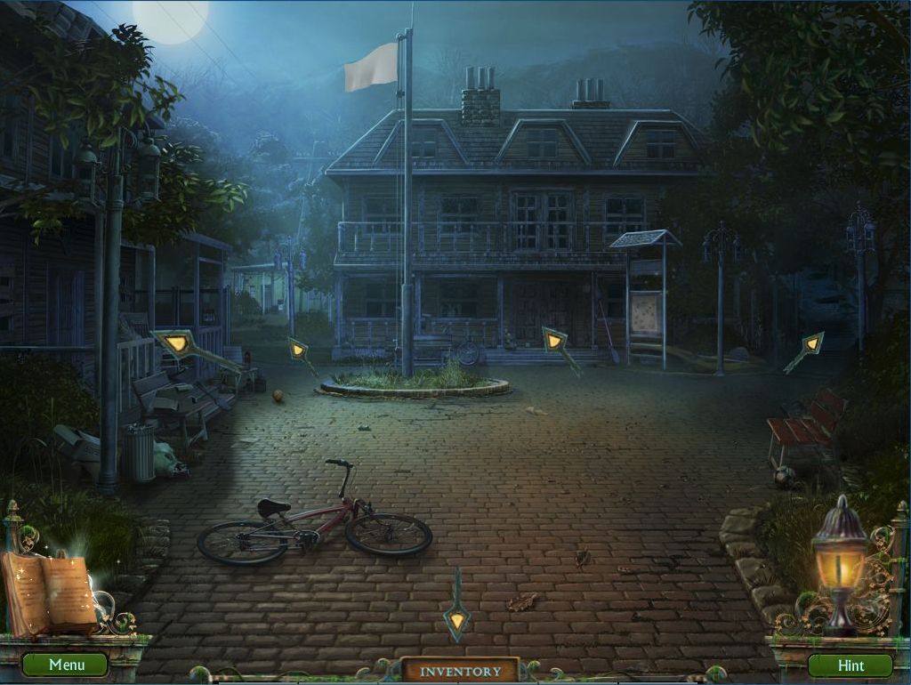Shtriga: Summer Camp (Windows) screenshot: The player is left in no doubt where the possible exits from a screen are. The cursor changes to a magnifying glass when there's something to investigate