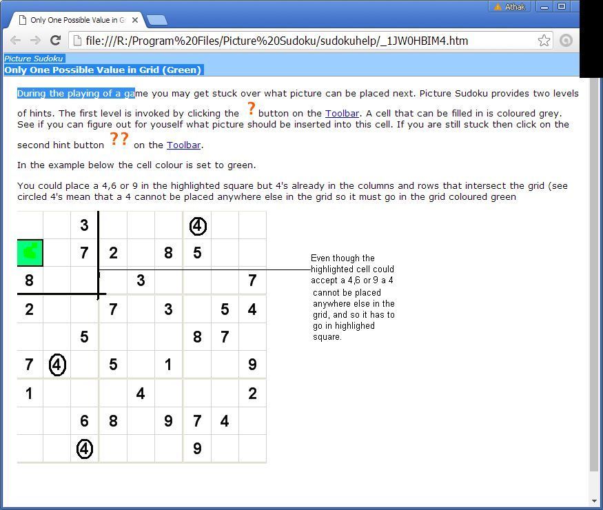 Picture Sudoku (Windows) screenshot: Here the player has clicked on the light green square beneath the playing grid and it has opened a browser window to show this text