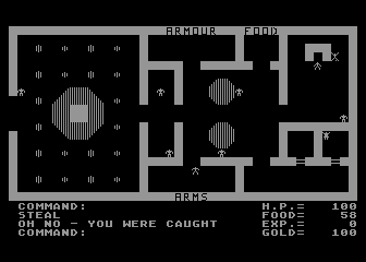 Ultima (Atari 8-bit) screenshot: Trying to steal goodies in a castle.