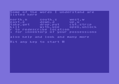 Adventure B (Commodore 64) screenshot: Acceptable commands