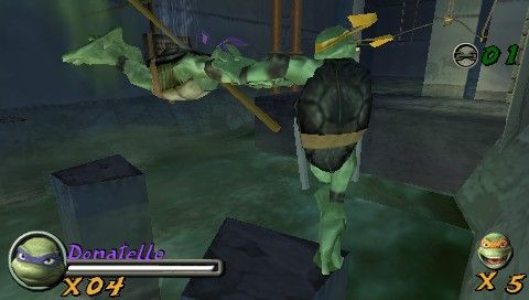 TMNT (PSP) screenshot: Brother turtle throws you across the gap (if you reach him in time, which is under 5 seconds)