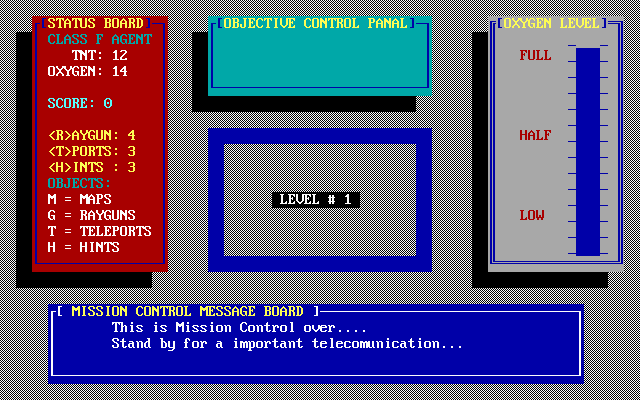 Maze Mission Adventure Game (DOS) screenshot: Starting level 1