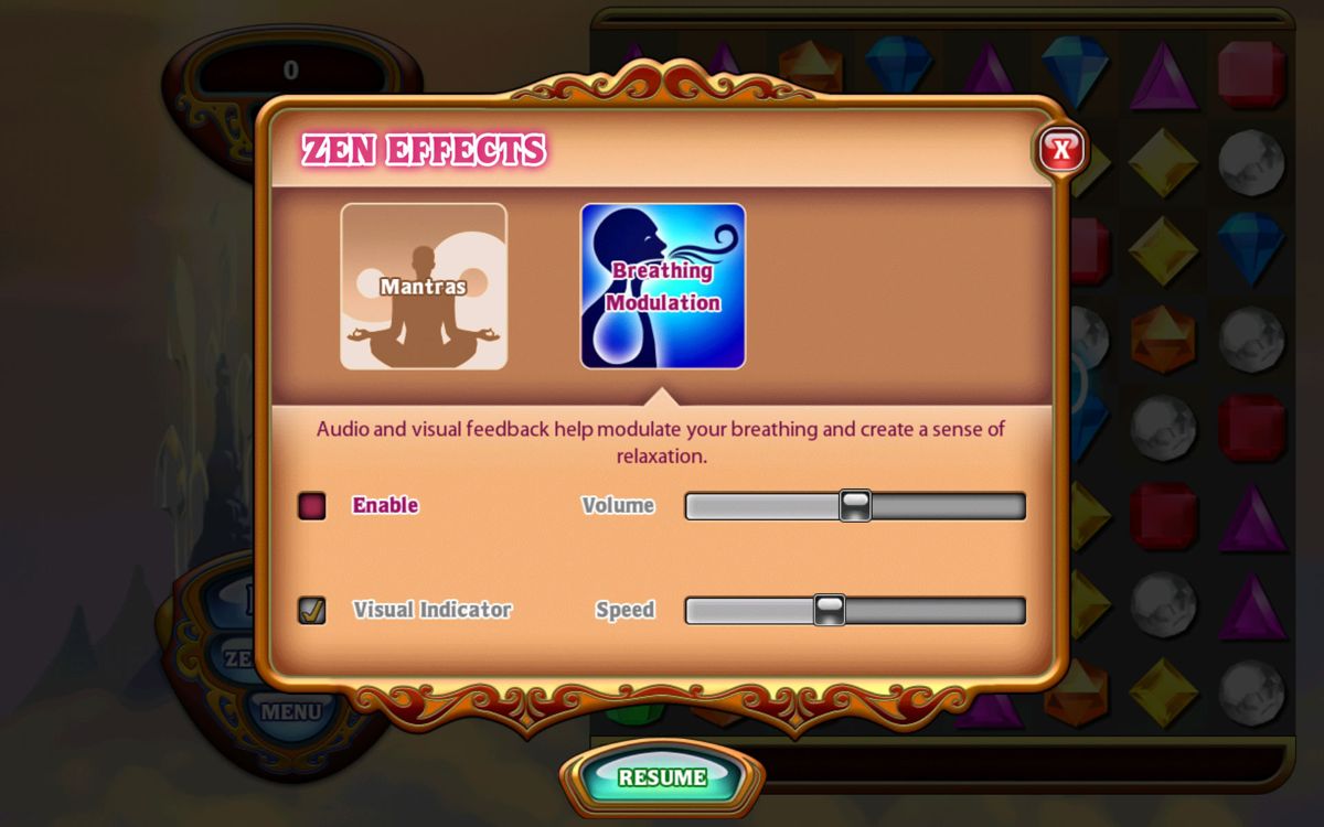 Bejeweled: Classic (Android) screenshot: Breathing Modulation options for the Zen mode