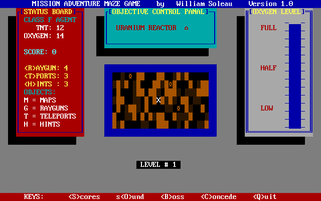Maze Mission Adventure Game (DOS) screenshot: Starting location in a randomly-generated maze