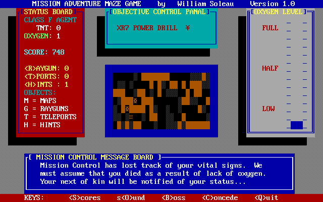 Maze Mission Adventure Game (DOS) screenshot: Ack! Out of oxygen! Game over!