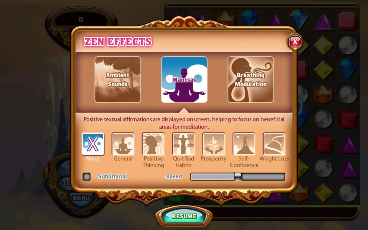 Bejeweled: Classic (Android) screenshot: Mantras selection for the Zen mode