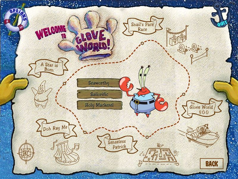 SpongeBob SquarePants: Typing (Windows) screenshot: Your map of Bikini Bottom also allows you to change your difficulty level, quit, or access other options such as viewing your standing in the tournament.