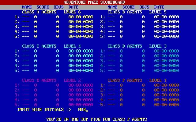 Maze Mission Adventure Game (DOS) screenshot: High score table