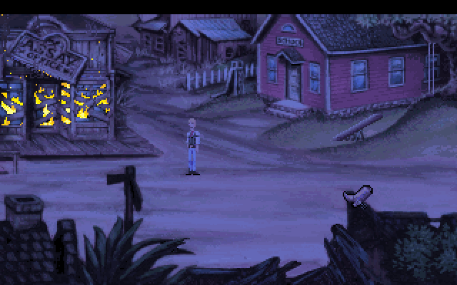 Freddy Pharkas: Frontier Pharmacist (DOS) screenshot: Guess who has to put out the fire?