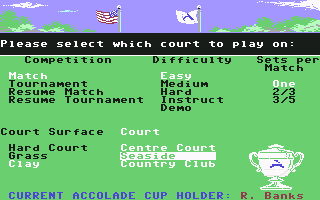 Serve & Volley (Commodore 64) screenshot: Several menus to adjust the gameplay.