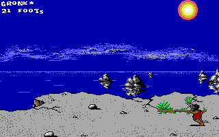 Caveman Ugh-Lympics (DOS) screenshot: Dino Vault - Running to vault.