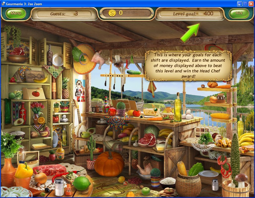 Gourmania 3: Zoo Zoom (Windows) screenshot: The first restaurant is Tres Amigos. It's a Mexican restaurant. The player is guided through the early part of the game by helpful text boxes like this