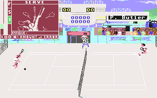 Serve & Volley (Commodore 64) screenshot: Playing at the Central hard court.