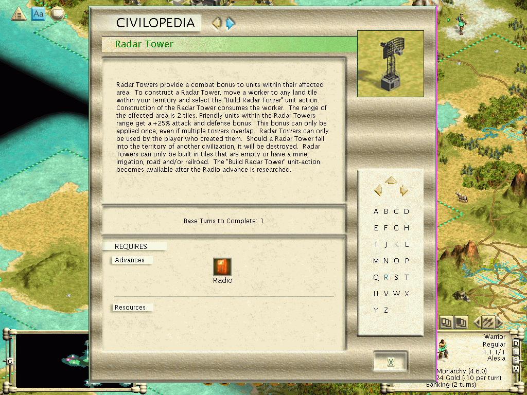 Sid Meier's Civilization III: Conquests (Windows) screenshot: Radar Tower!