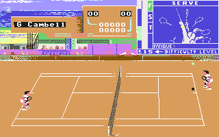 Serve & Volley (Commodore 64) screenshot: Starting to play at the Seaside's clay court.