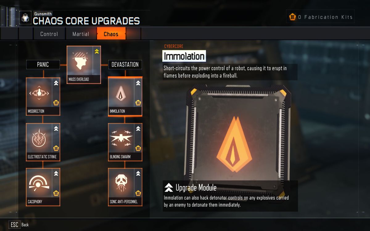 Call of Duty: Black Ops III (Windows) screenshot: Upgrades for the Chaos Core, one of the three skill trees
