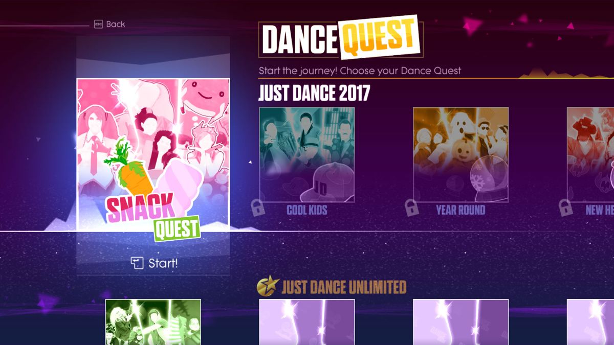 Just Dance 2017 (Windows) screenshot: Browsing challenges in the Dance Quest mode.