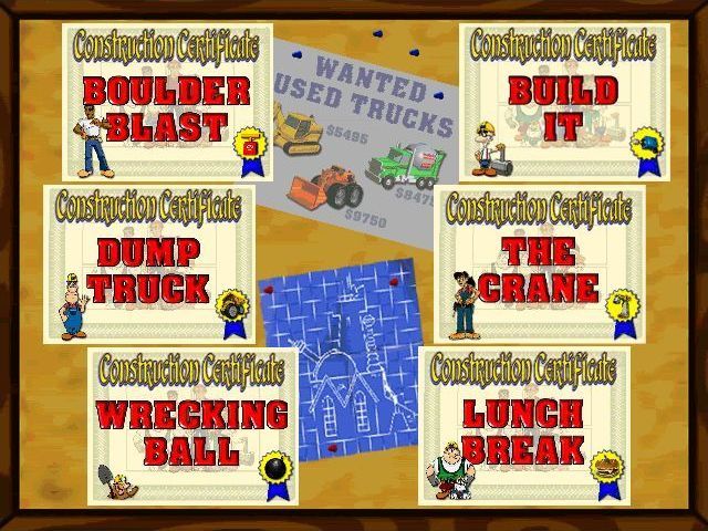 Fisher-Price Big Action Construction (Windows) screenshot: This screen shows the available activities. From here the player can look at a certificate and add their construction cards to it.