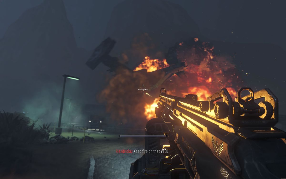 Call of Duty: Black Ops III (Windows) screenshot: The VTOL is brought down using a gun mounted on a vehicle.