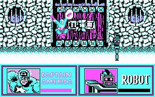 The Amazing Spider-Man and Captain America in Dr. Doom's Revenge! (DOS) screenshot: Captain America leaps into the air for no reason. (CGA)