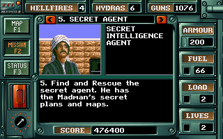 Desert Strike: Return to the Gulf (DOS) screenshot: Level 1 - Status screen info on our missing agent.