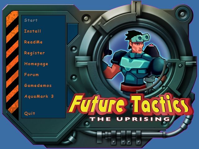 Future Tactics: The Uprising (Windows) screenshot: The disc autoloads to this screen<br>Aquamark 3 is a benchmark program. The game demos are "Transport Giant" and "Kao the Kangaroo Round 2"