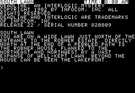 Deadline (Apple II) screenshot: Starting location