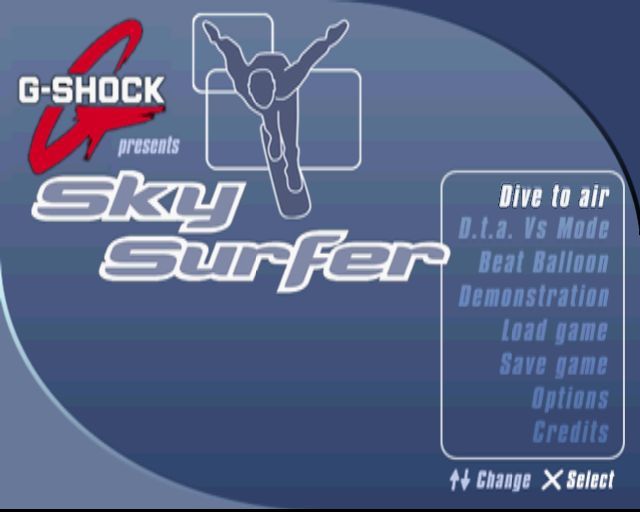 Sky Surfer (PlayStation 2) screenshot: The main menu.<br>Dive to air and Beat Balloon are single player games<br>D.t.a. Vs Mode is a Dive to air two player game