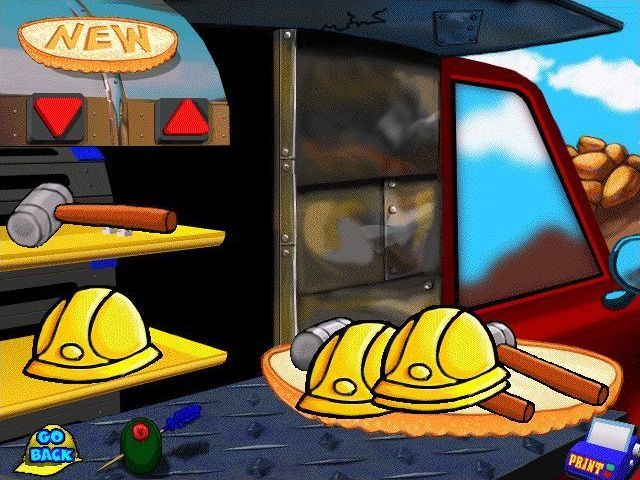 Fisher-Price Big Action Construction (Windows) screenshot: The Lunch Wagon: The player clicks to add new ingredients to their sandwich before clicking on NEW to earn a construction card and start another.