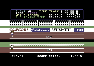Daley Thompson's Decathlon (Commodore 64) screenshot: Starting the 1500 meter run.