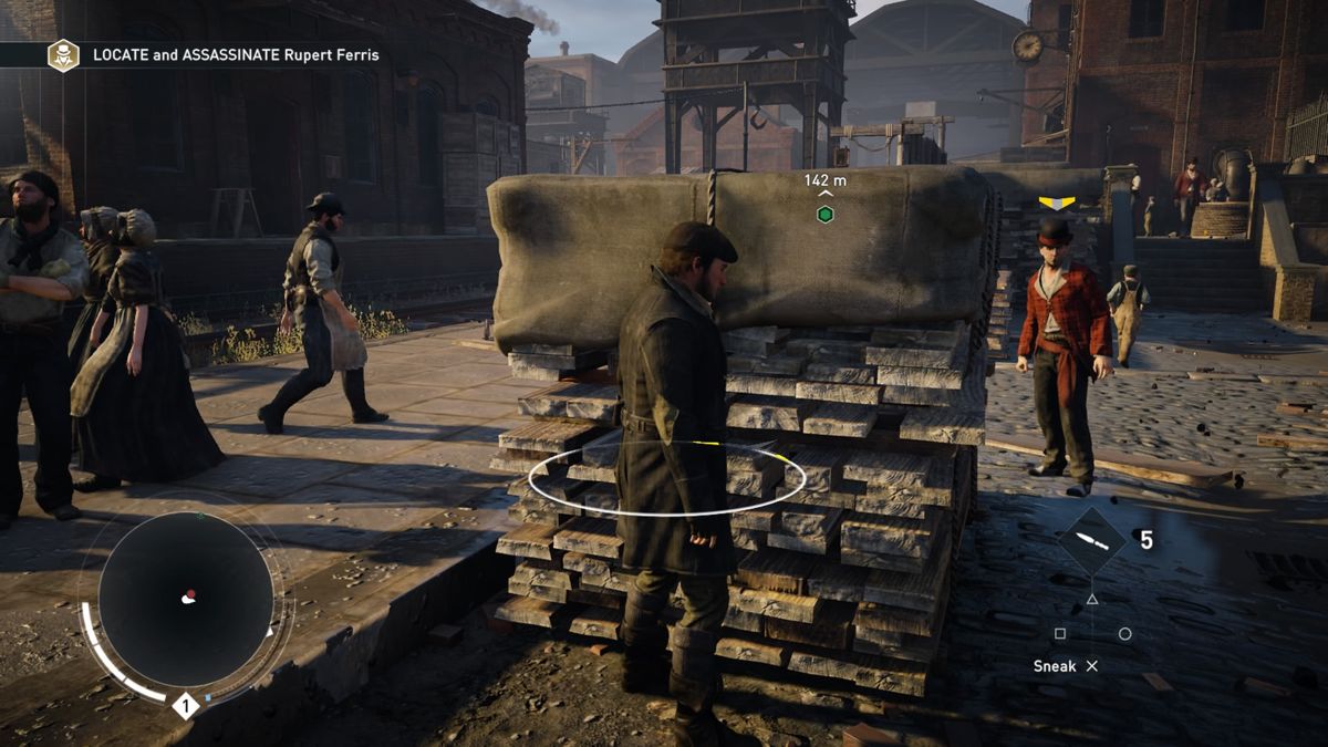 Assassin's Creed: Syndicate (PlayStation 4) screenshot: Hide behind a cover then create sound to attract your target