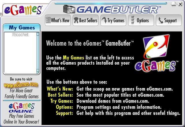 Ricochet (Windows) screenshot: eGames Game Butler is installed along with the game