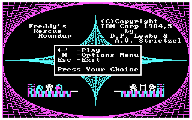 Freddy's Rescue Roundup (DOS) screenshot: Title screen and main menu