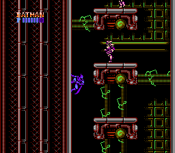 Batman: The Video Game (NES) screenshot: Stage 2-2: Batman uses his wall jump to climb his way through the factory.