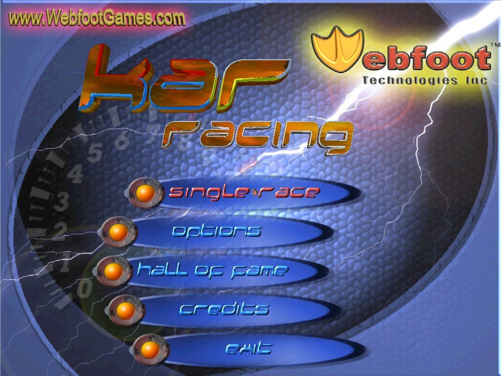 Kar Racing (Windows) screenshot: The game's main menu.<br>The only race option is the 'Single Race', there is no career or racing season game