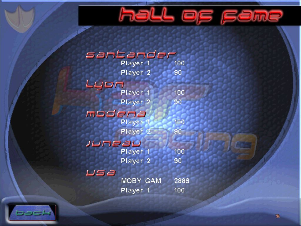 Kar Racing (Windows) screenshot: The game's 'Hall of Fame'