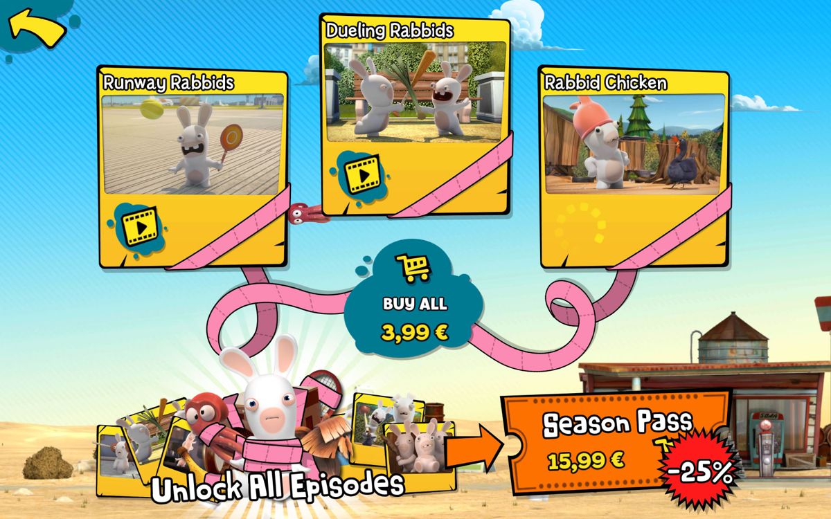 Rabbids Appisodes (Android) screenshot: Preview segments, buy a single episode or the entire season.