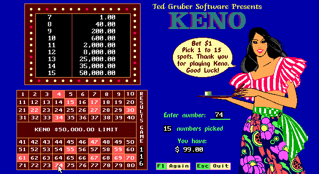 Keno (DOS) screenshot: I've chosen my fifteen numbers. Let 'er rip!