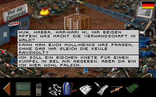 Abenteuer Europa (DOS) screenshot: A talk with some gangsters