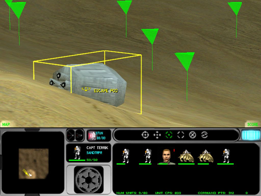 Star Wars: Force Commander (Windows) screenshot: The first mission has you looking for an escape pod carrying some droids that are carrying certain top secret data.