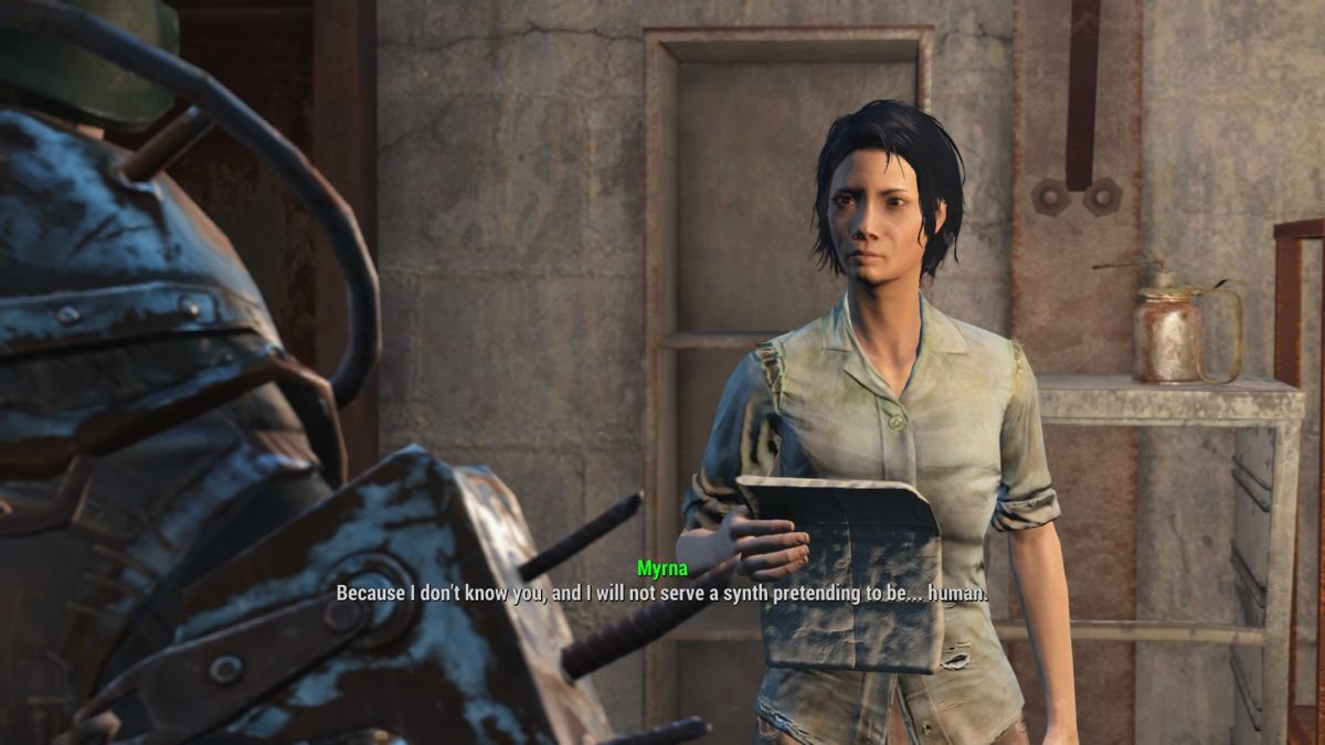 Fallout 4 (PlayStation 4) screenshot: People are not so trusty with human-like synths running around